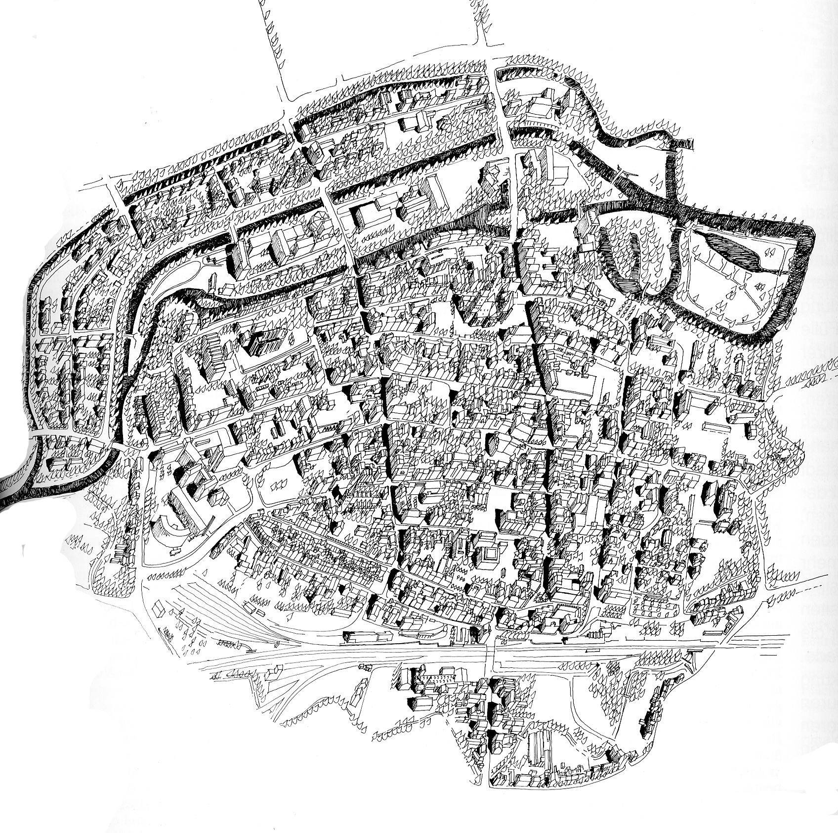 Lippstadt aus der Vogelperspektive gezeichnet (Quelle: Bollmannplan 1979)