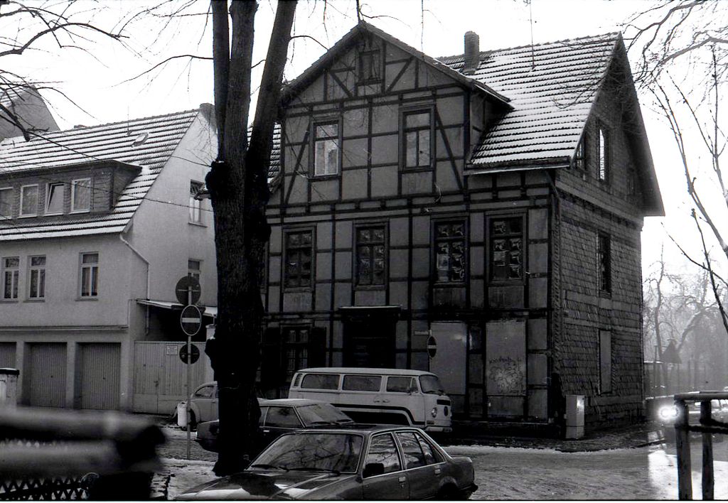 Blick auf das ehemalige Fachwerkhaus an der Stiftstraße, Ecke David-Gans-Straße